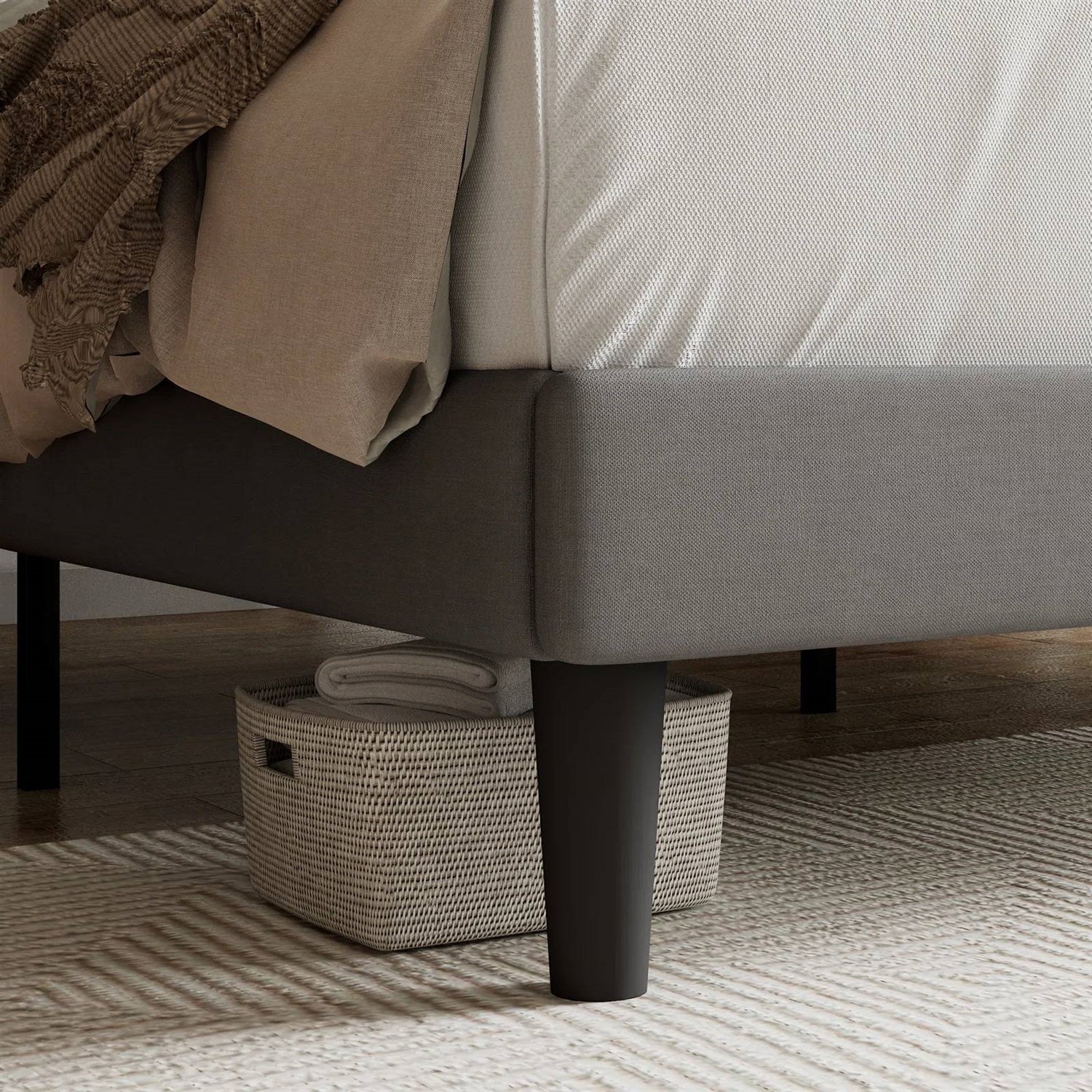 Full size Grey Linen Upholstered Platform Bed Frame with Button-Tufted Headboard-2