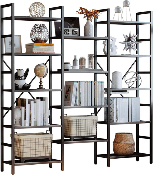 Triple Wide 5-Tier Industrial Bookshelf