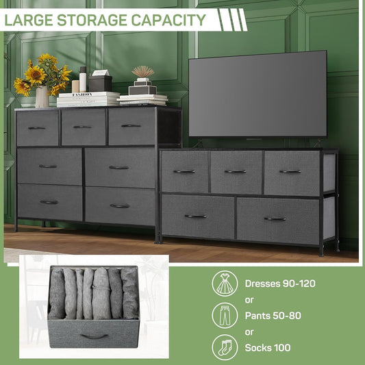 Dresser for Bedroom, 7 Storage Drawers, Anti-Tip Wide Fabric Closet Chests Organizer Tower Furniture, TV Stand for TV up to 45 Inch with Wooden Top Metal Frame for Clothes, Living Room