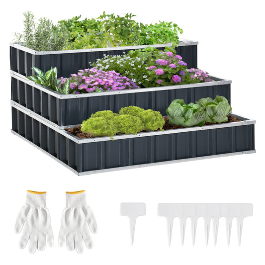 Set of 3 Metal Raised Garden Beds with Gloves - Grey Elevated Planter-0